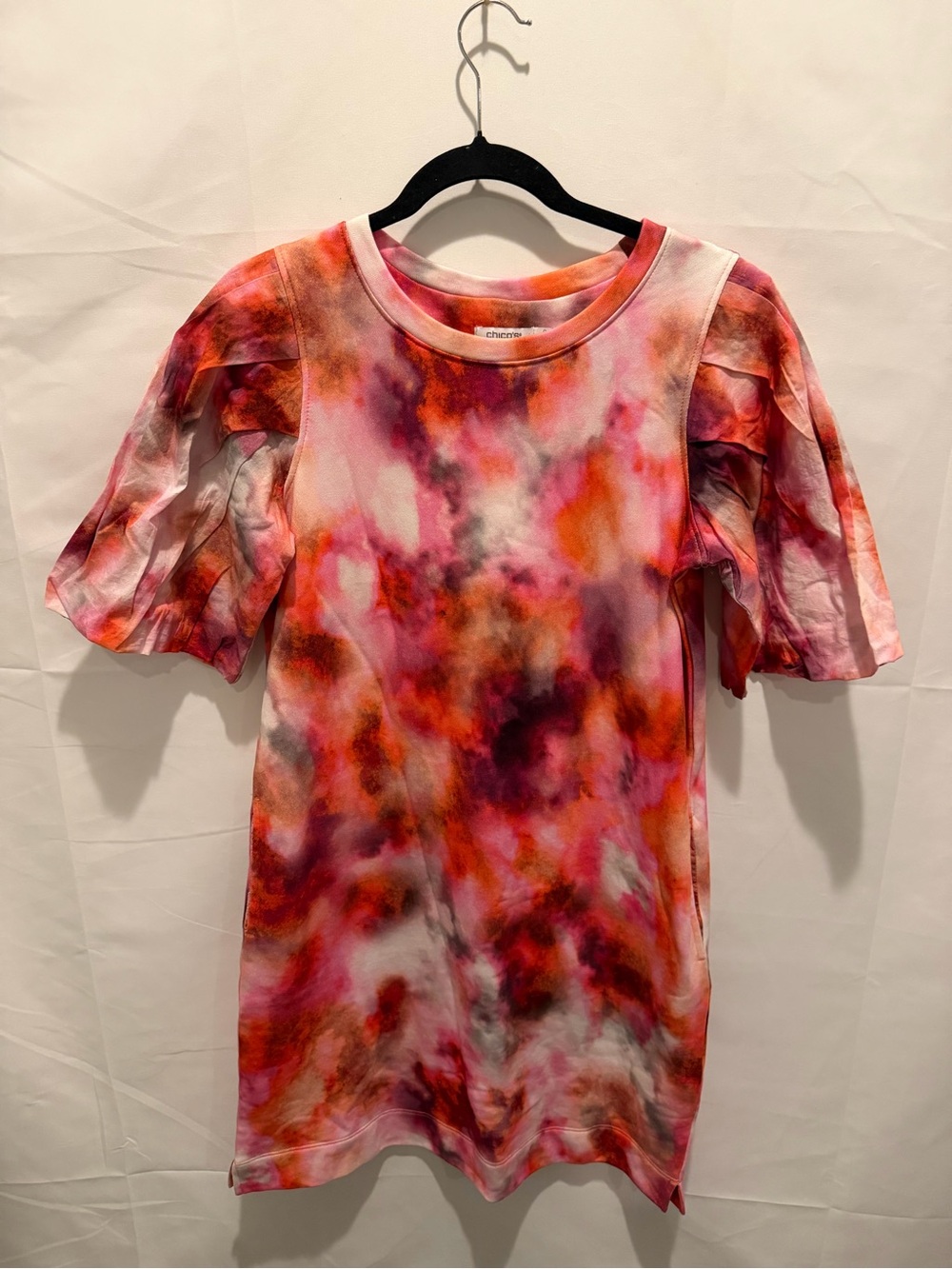 Chico's Pink Tie Dye Midi Dress Sweatshirt Material Puff Sleeve size 0 small.